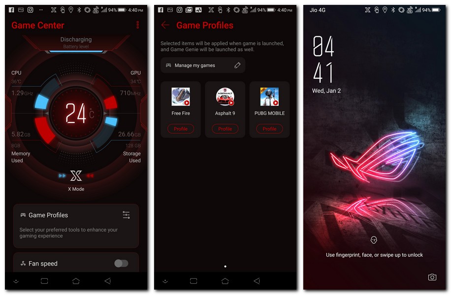 ROG Phone Game Center and lock screen.